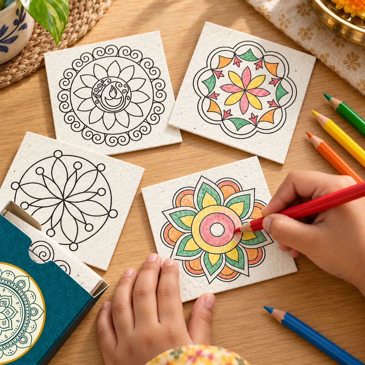 Plantable Rangoli Colouring Cards square raw (BG-Rangoli)