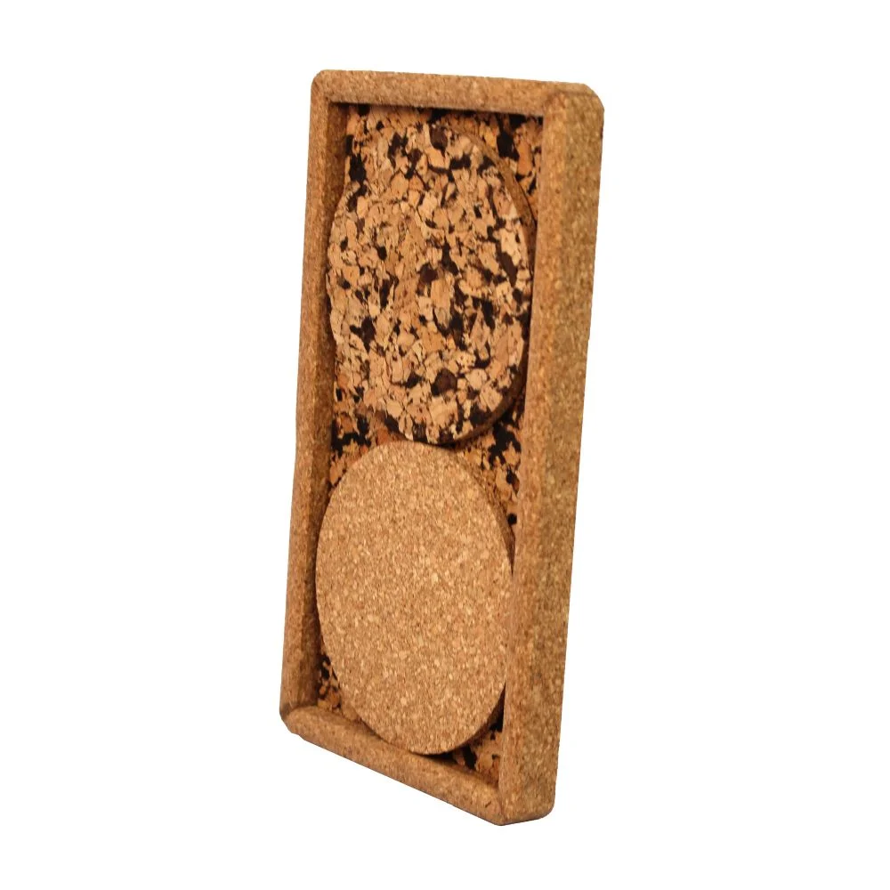 Rectangle Cork Tray with 2 Cork Coasters (8.6" x 4.6") square raw (CK52-02)