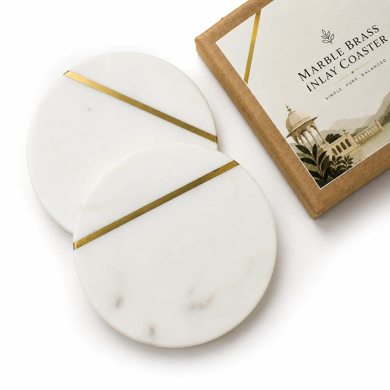 Set of 2 Marble coaster round | 4" | Brass inlay square raw (MCbrass(2))