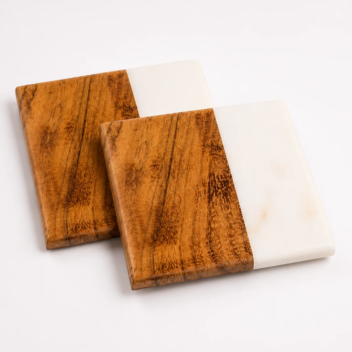 Set of 2 Marble + Wood coaster Square | 4" square raw (MCwood(2))
